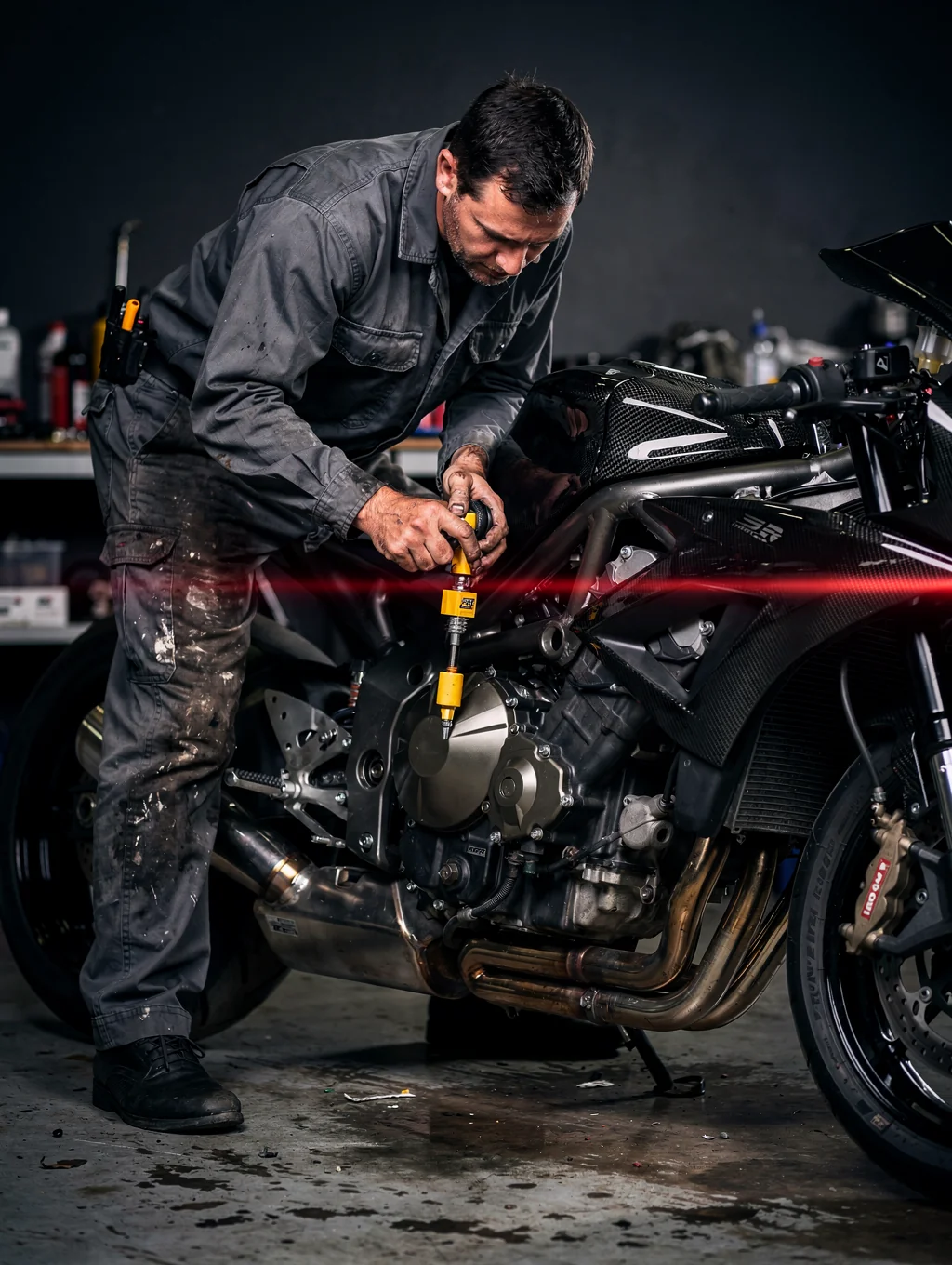 Mechanics working on a custom motorcycle engine in a dimly lit garage